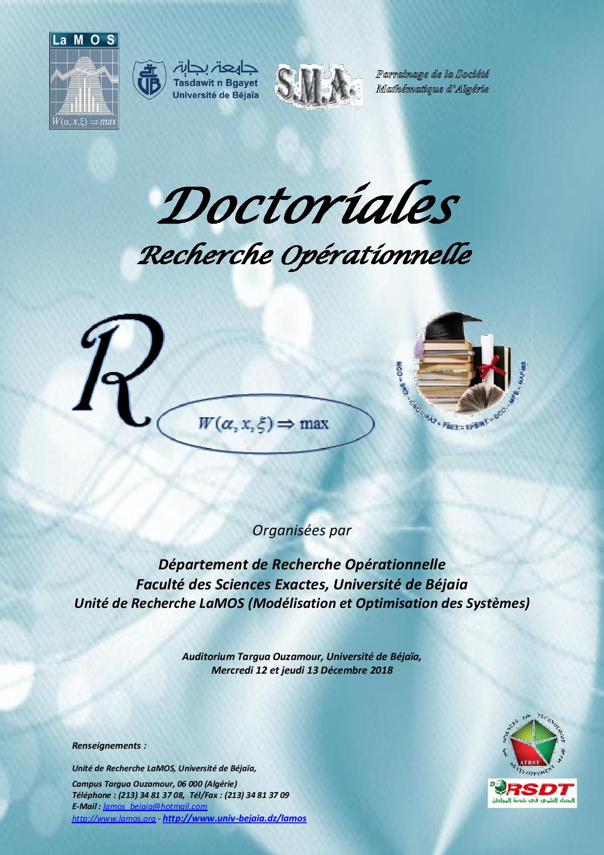 Les Premières Doctoriales Nationales de Recherche Opérationnelle, mercredi 12 et jeudi 13 décembre 2018,Université de Béjaia