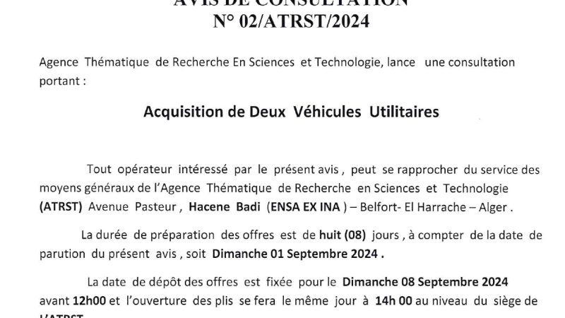 AVIS DE CONSULTATION N°2/ATRST/2024 Acquisition de Deux Véhicule Utilitaires